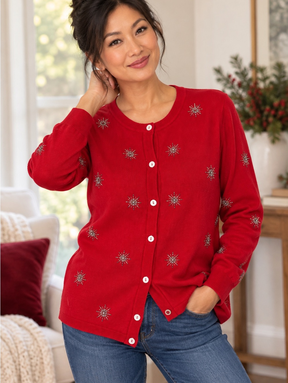 Quacker Factory Cardigan Size S Red Embellished Rhinestone Beaded Sweater